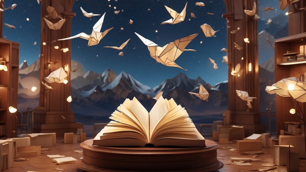 open book with origami birds flying overhead